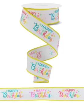 1.5"x10yd Happy Birthday Script On Diagonal Weave, White/Peach/Pink/Teal Blue  MA73