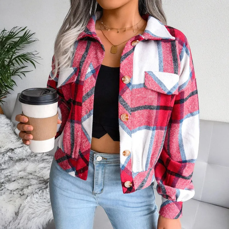 Fashionkova  New Autumn Winter Plaid Jacket Women Lantern Long Sleeve Female Clothing Buttons Coats Women Tops Outwear Windbreaker 23310