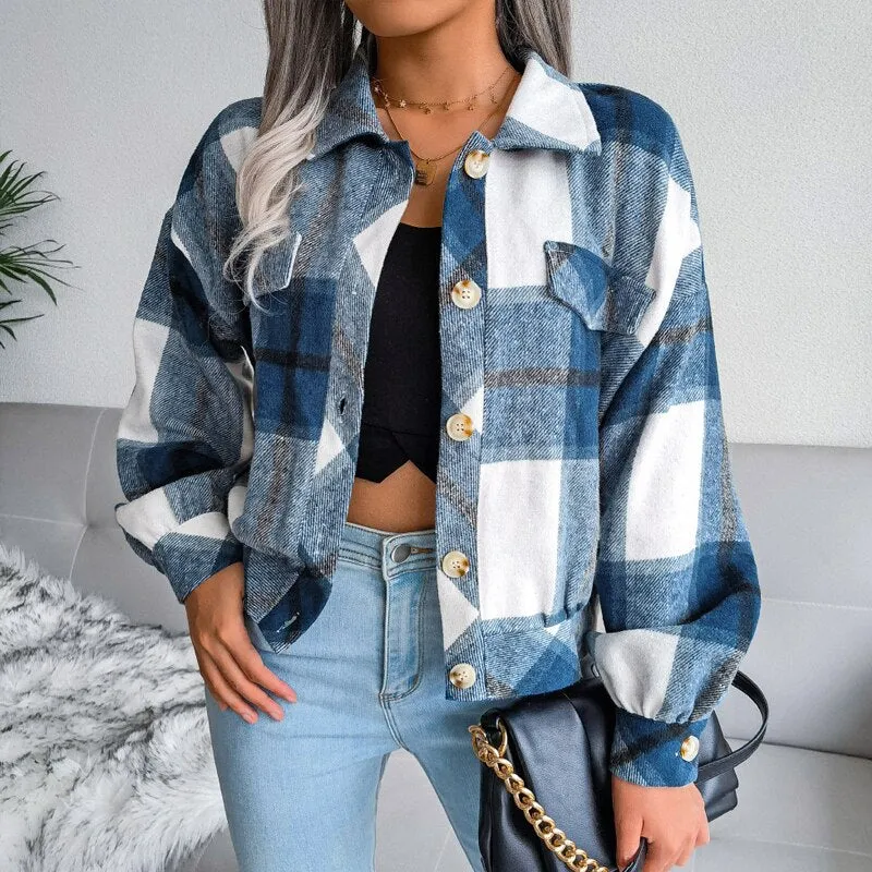 Fashionkova  New Autumn Winter Plaid Jacket Women Lantern Long Sleeve Female Clothing Buttons Coats Women Tops Outwear Windbreaker 23310