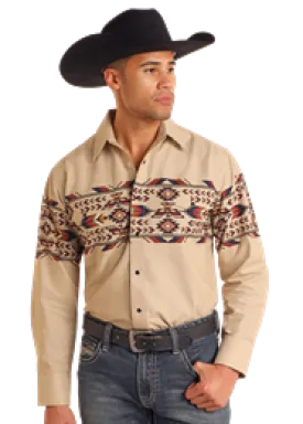 Panhandle Men's Thunderbird Border Print Long Sleeve Snap Shirt- Tan - SMN2S05595