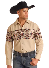 Panhandle Men's Thunderbird Border Print Long Sleeve Snap Shirt- Tan - SMN2S05595