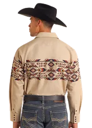 Panhandle Men's Thunderbird Border Print Long Sleeve Snap Shirt- Tan - SMN2S05595